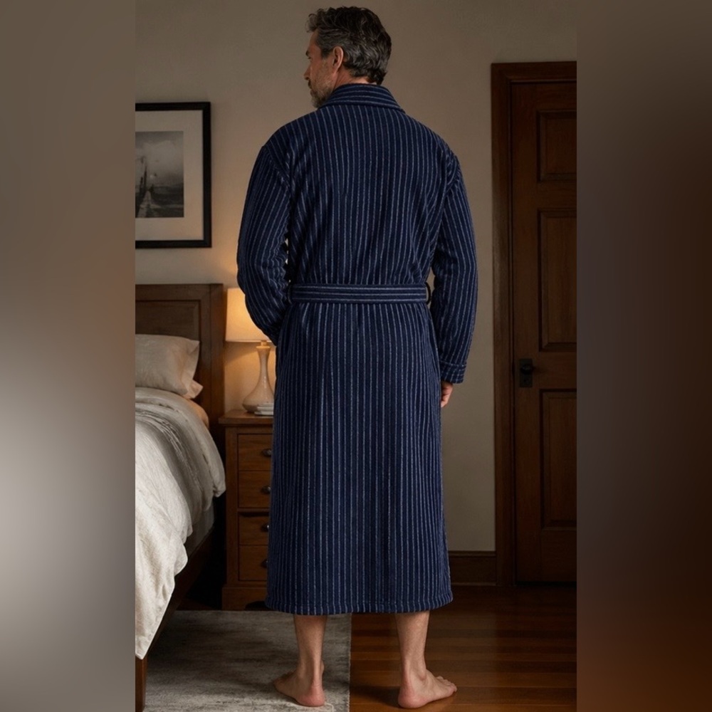 Heavy Spa Robe By ROUNDTREE & YORK Men’s Plush Striped Bathrobe Sz 1X 2X - Picture 2 of 6